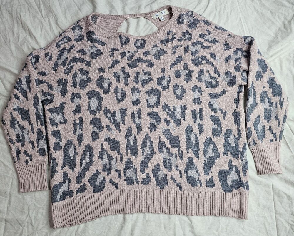 She+Sky Leopard Print Open Back Crossover Knit Cardigan Pink Gray Women’s M/L